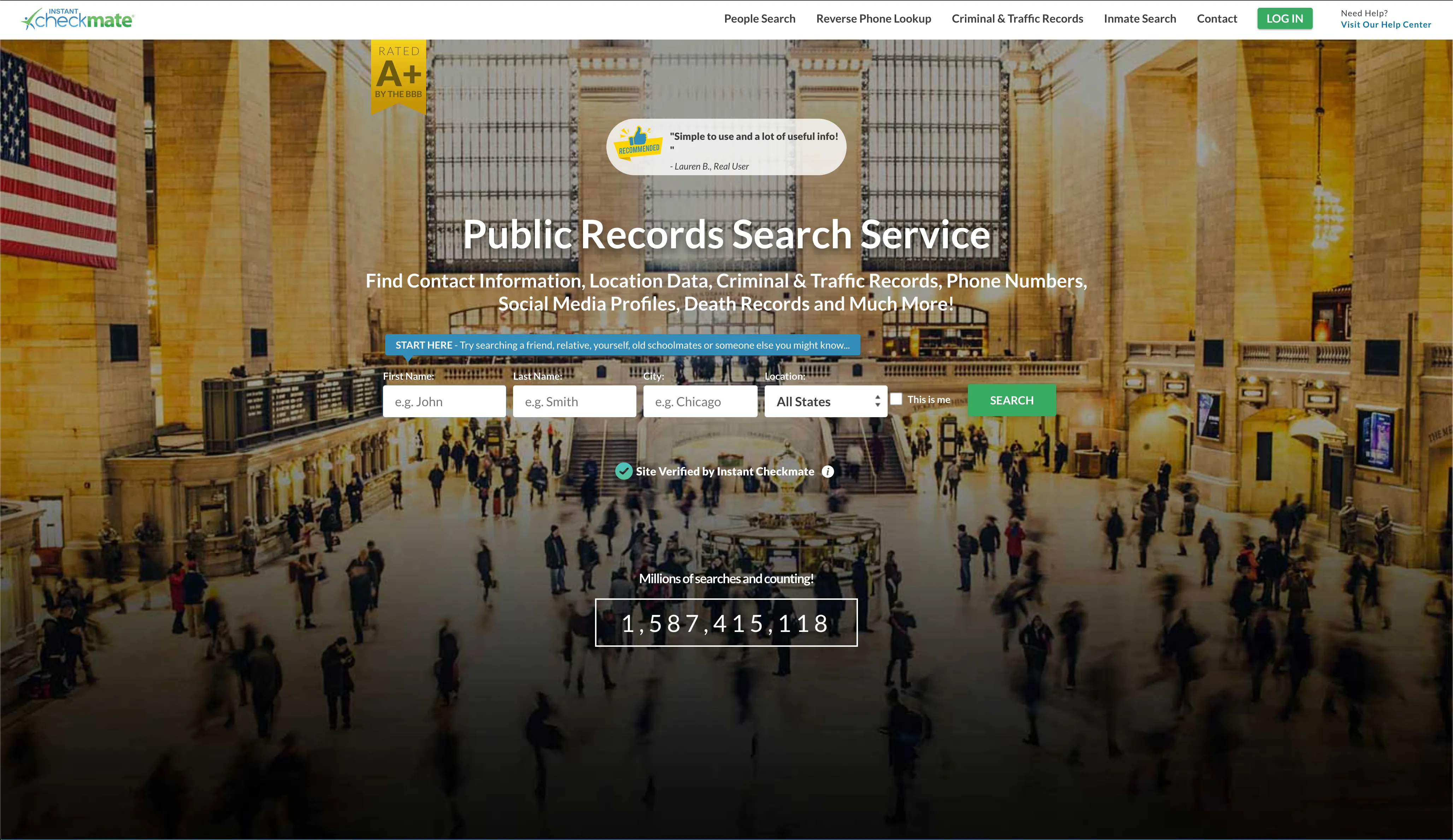 Instant Checkmate homepage — public records search service showing a live counter of over 1.58 billion searches