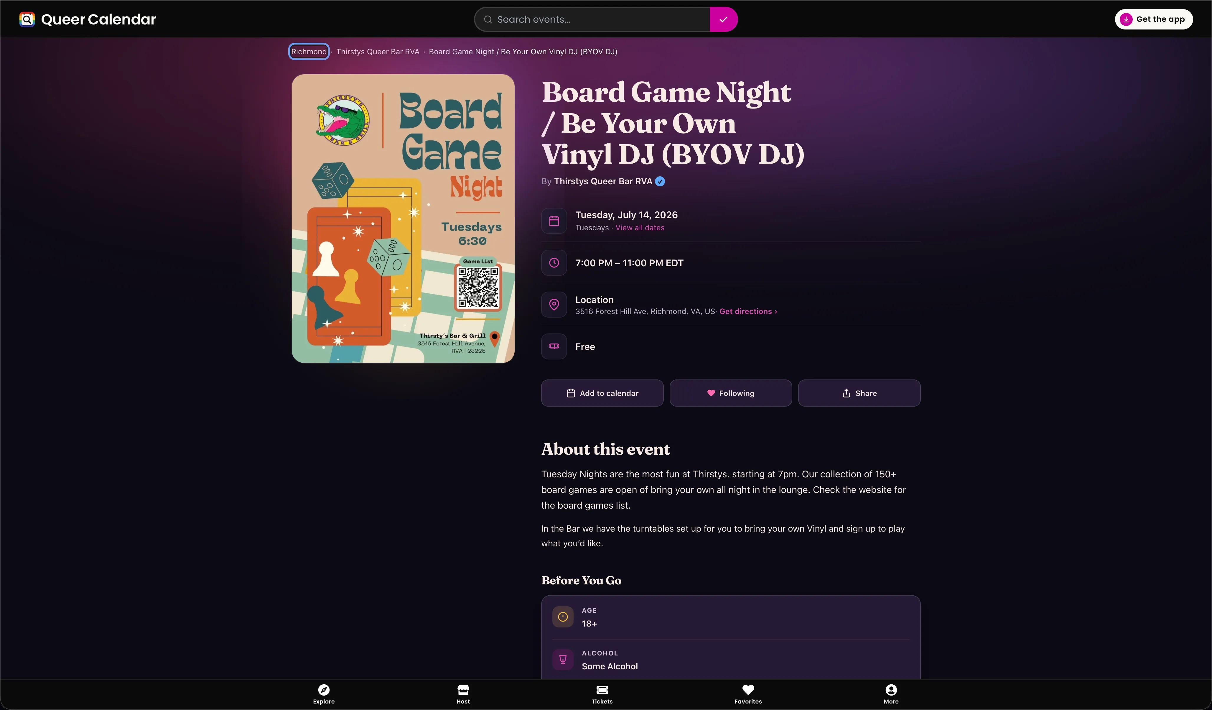 QCal event page — Board Game Night at a Richmond queer bar, with recurring dates, location, ticketing, and calendar sharing built in