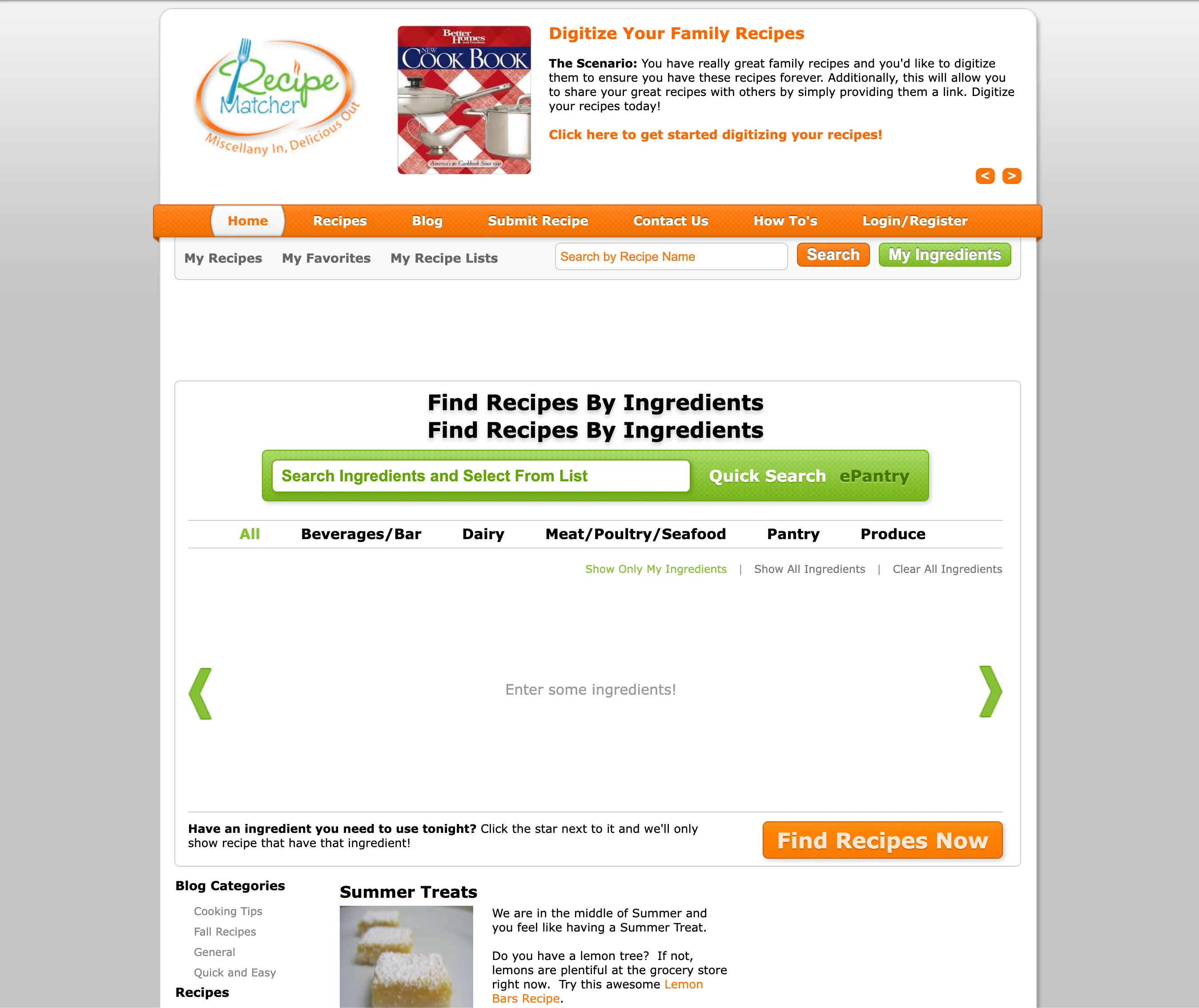 RecipeMatcher homepage circa its heyday — ingredient-based recipe search with an ePantry, captured via the Internet Archive