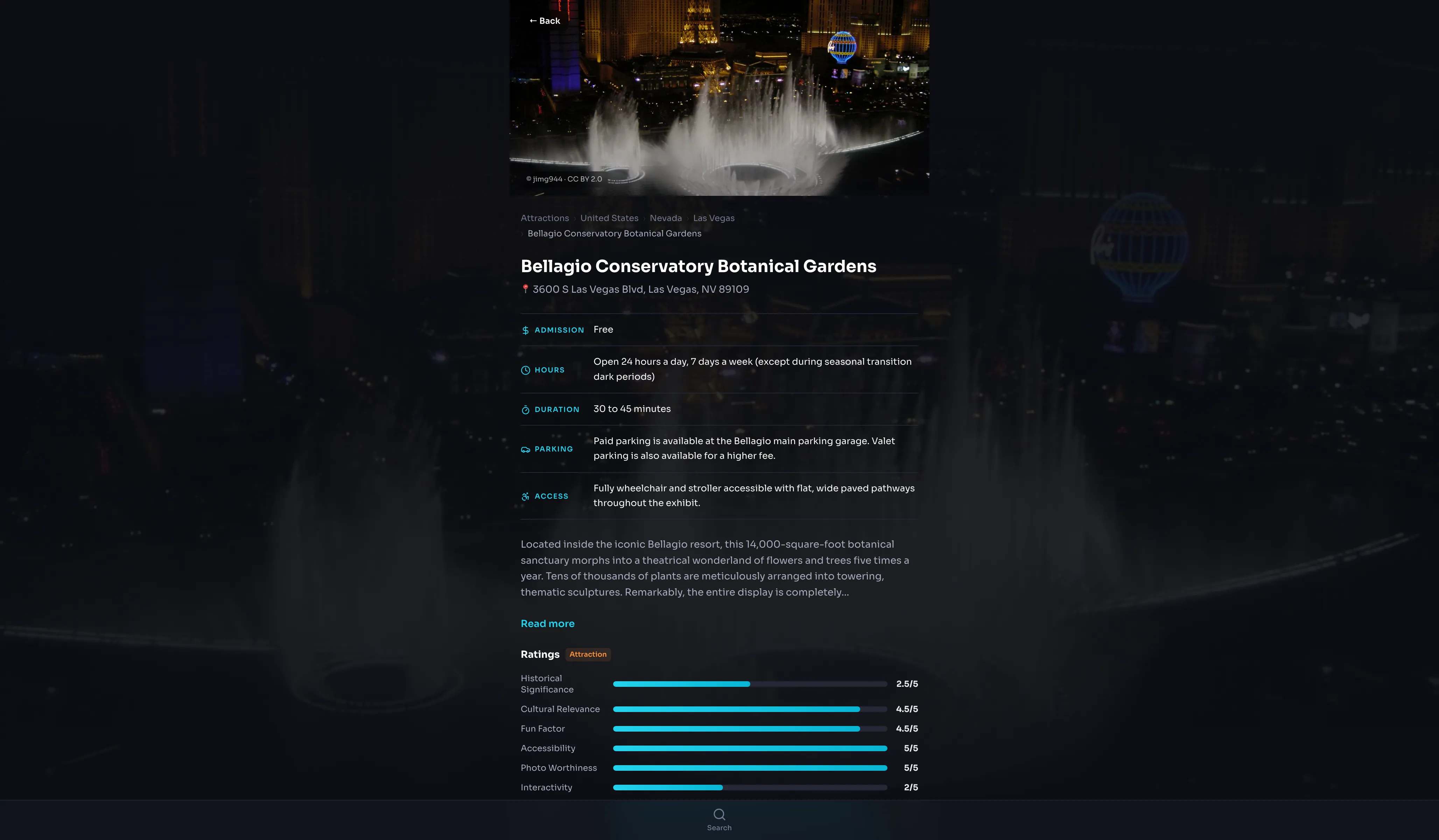 RoadsideAttracts attraction page for the Bellagio Conservatory Botanical Gardens — AI-scored ratings across historical significance, cultural relevance and photo worthiness, alongside admission, hours and accessibility details