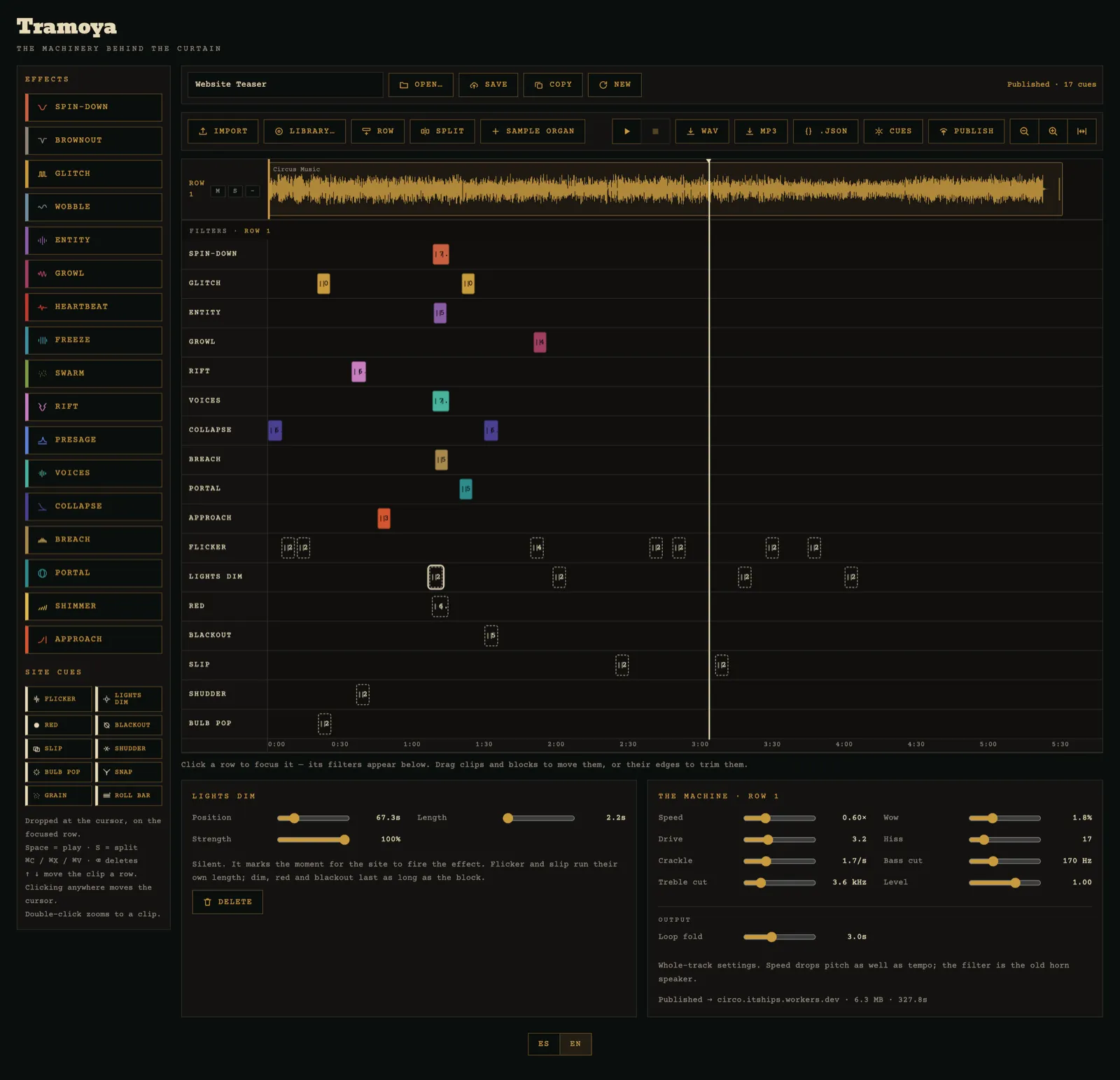 Tramoya, a browser audio editor — a waveform track above lanes of coloured effect blocks and dashed site-cue blocks, with an effects sidebar on the left and machine settings below